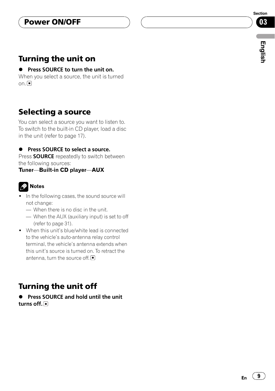 Turning the unit on, Selecting a source, Turning the unit off | Power on/off | Pioneer DEH-30MP User Manual | Page 9 / 88