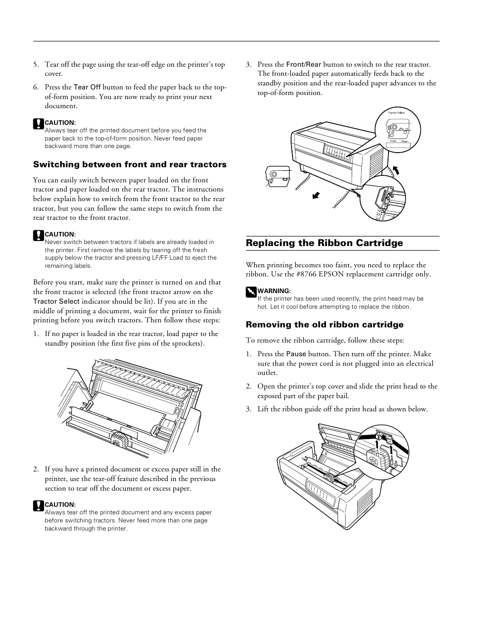 Switching between front and rear tractors, Replacing the ribbon cartridge, Removing the old ribbon cartridge | Pioneer Impact Printer DFX-8500 User Manual | Page 10 / 14
