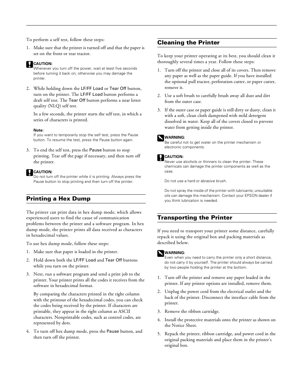 Printing a hex dump, Cleaning the printer, Transporting the printer | Pioneer Impact Printer DFX-8500 User Manual | Page 13 / 14