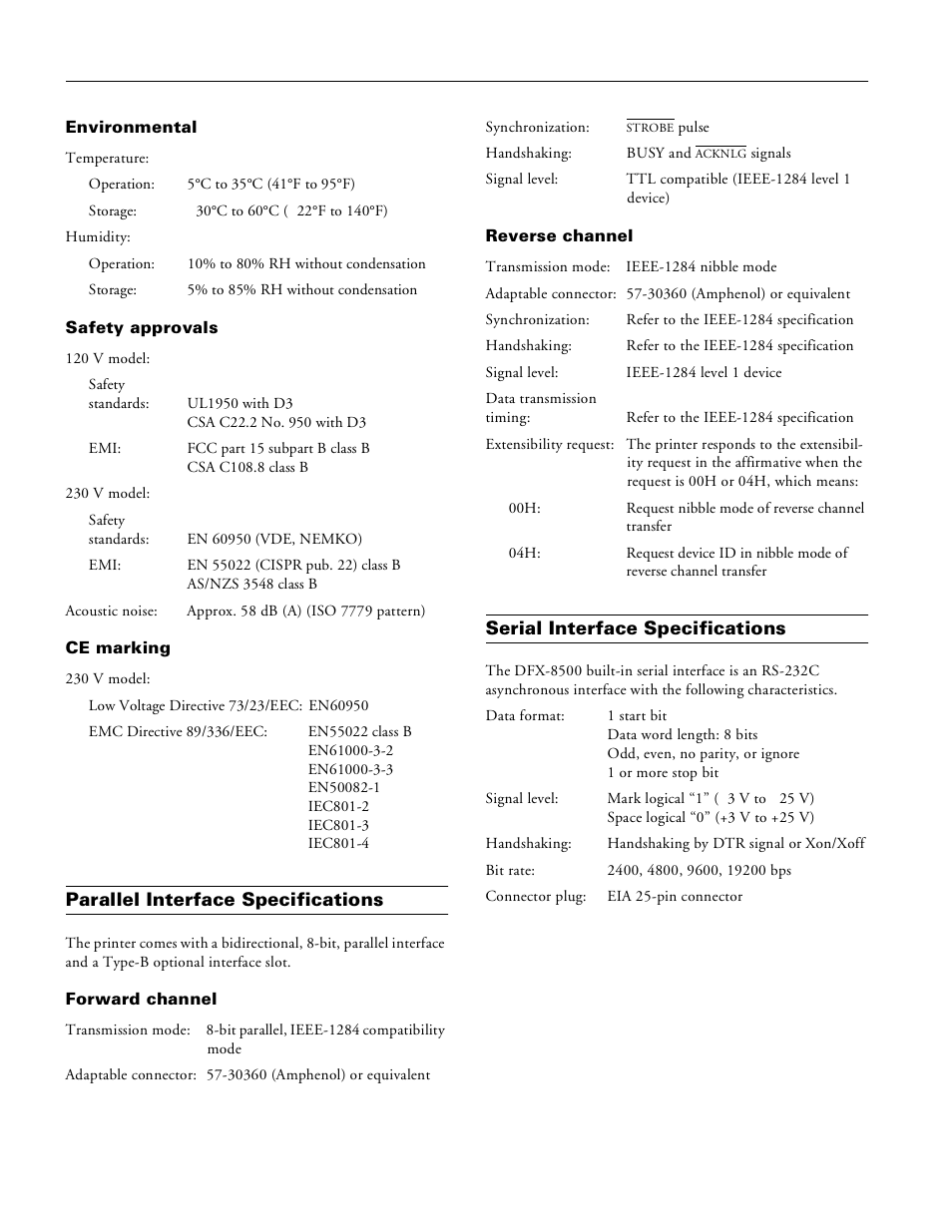 Environmental, Safety approvals, Ce marking | Parallel interface specifications, Forward channel, Reverse channel, Serial interface specifications | Pioneer Impact Printer DFX-8500 User Manual | Page 4 / 14