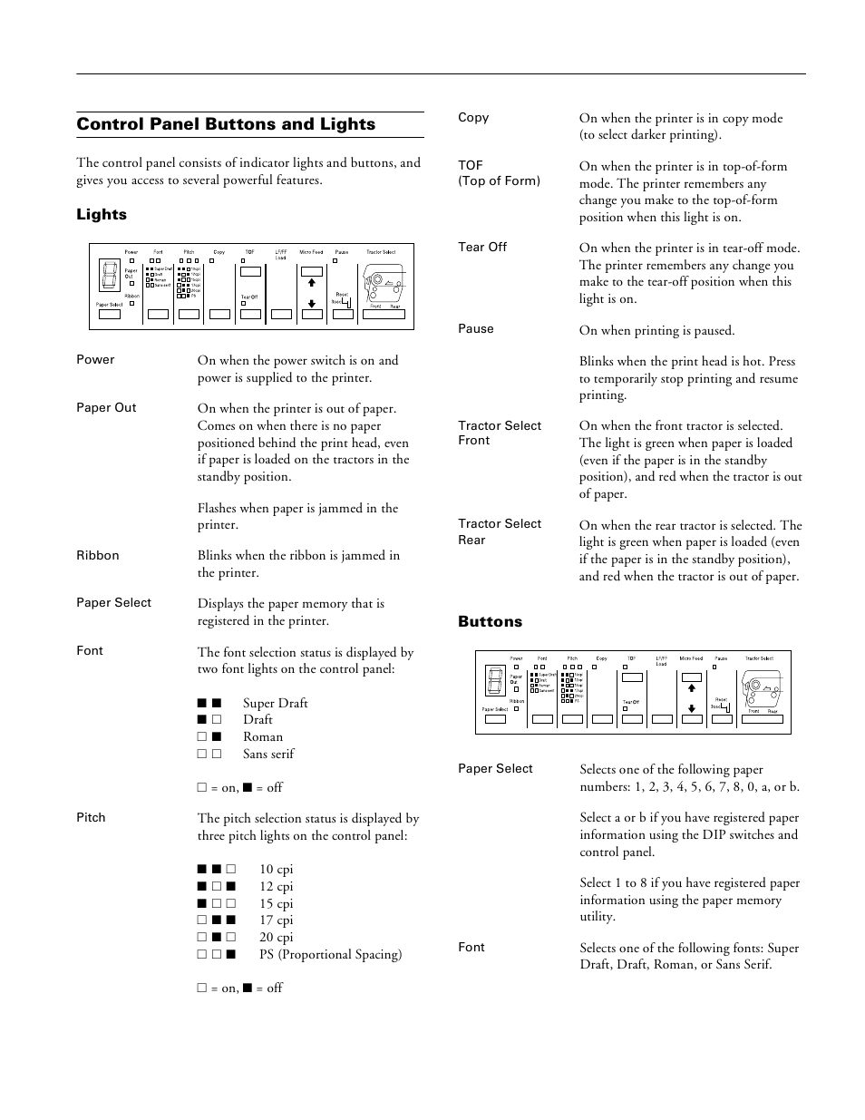 Control panel buttons and lights, Lights, Buttons | Epson dfx-8500 | Pioneer Impact Printer DFX-8500 User Manual | Page 5 / 14