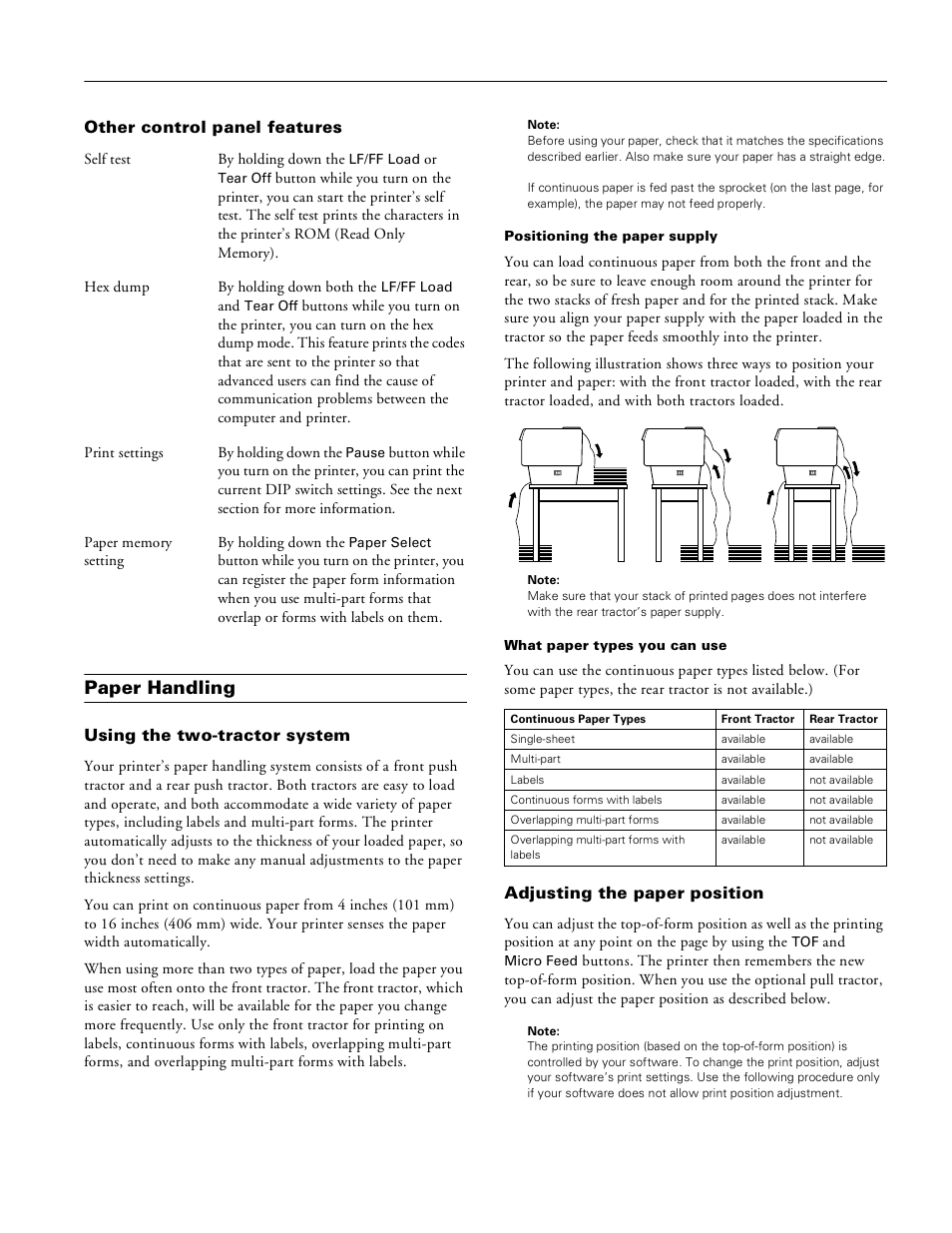 Other control panel features, Paper handling, Using the two-tractor system | Adjusting the paper position, Epson dfx-8500 | Pioneer Impact Printer DFX-8500 User Manual | Page 7 / 14