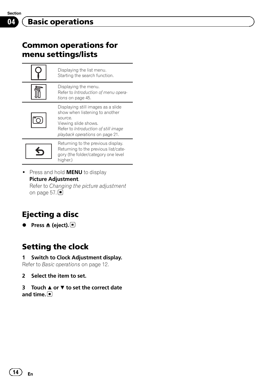 Common operations for menu settings, Lists, Ejecting a disc | Setting the clock, Common operations for menu settings/lists, 04 basic operations | Pioneer AVH-P2300DVD User Manual | Page 14 / 88