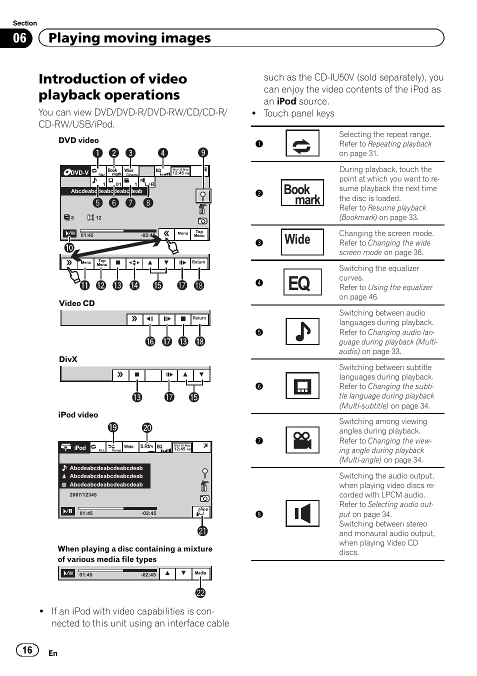 Operations, Introduction of video playback operations, 06 playing moving images | Pioneer AVH-P2300DVD User Manual | Page 16 / 88