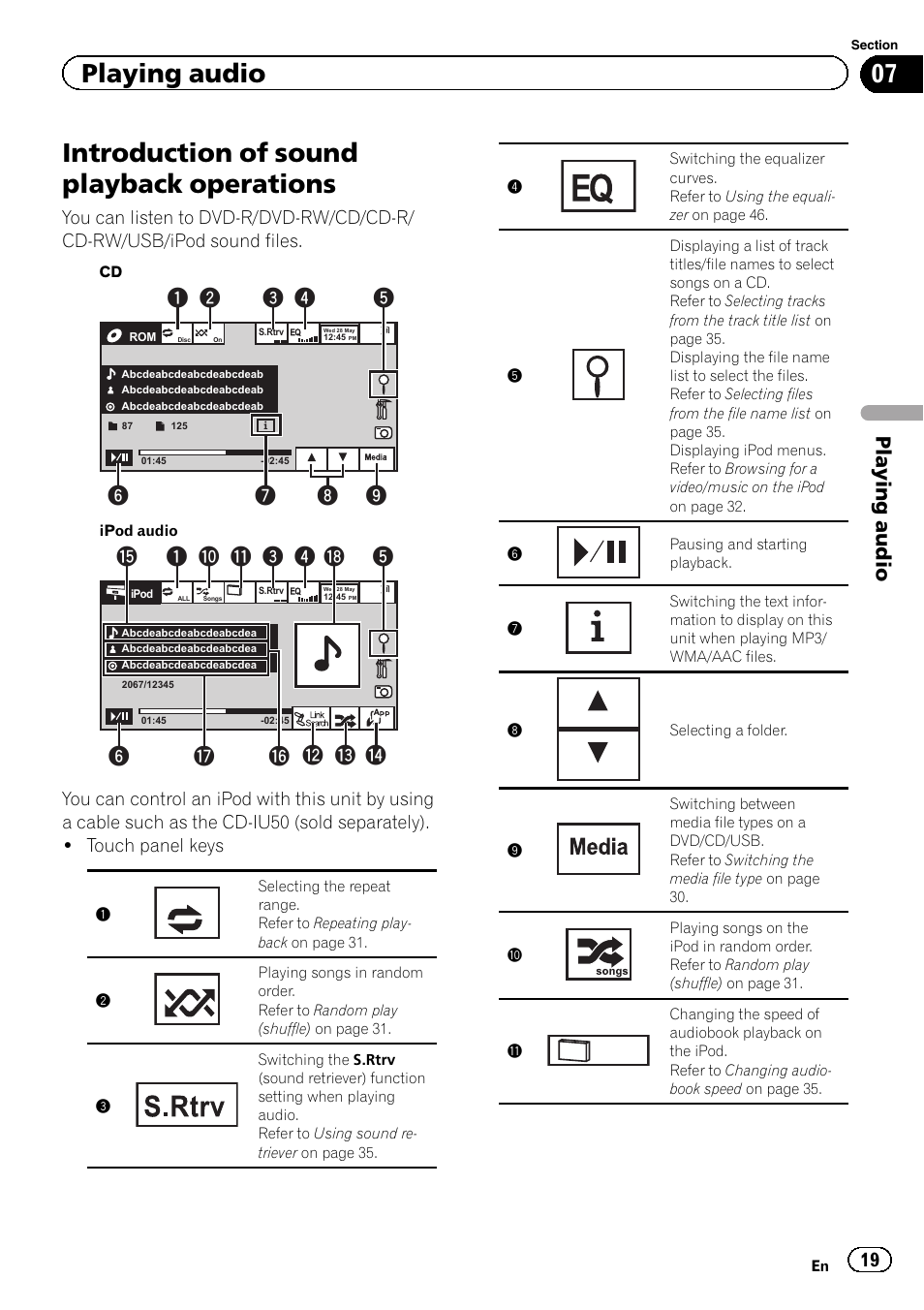 Playing audio introduction of sound playback, Operations, Introduction of sound playback operations | Playing audio | Pioneer AVH-P2300DVD User Manual | Page 19 / 88