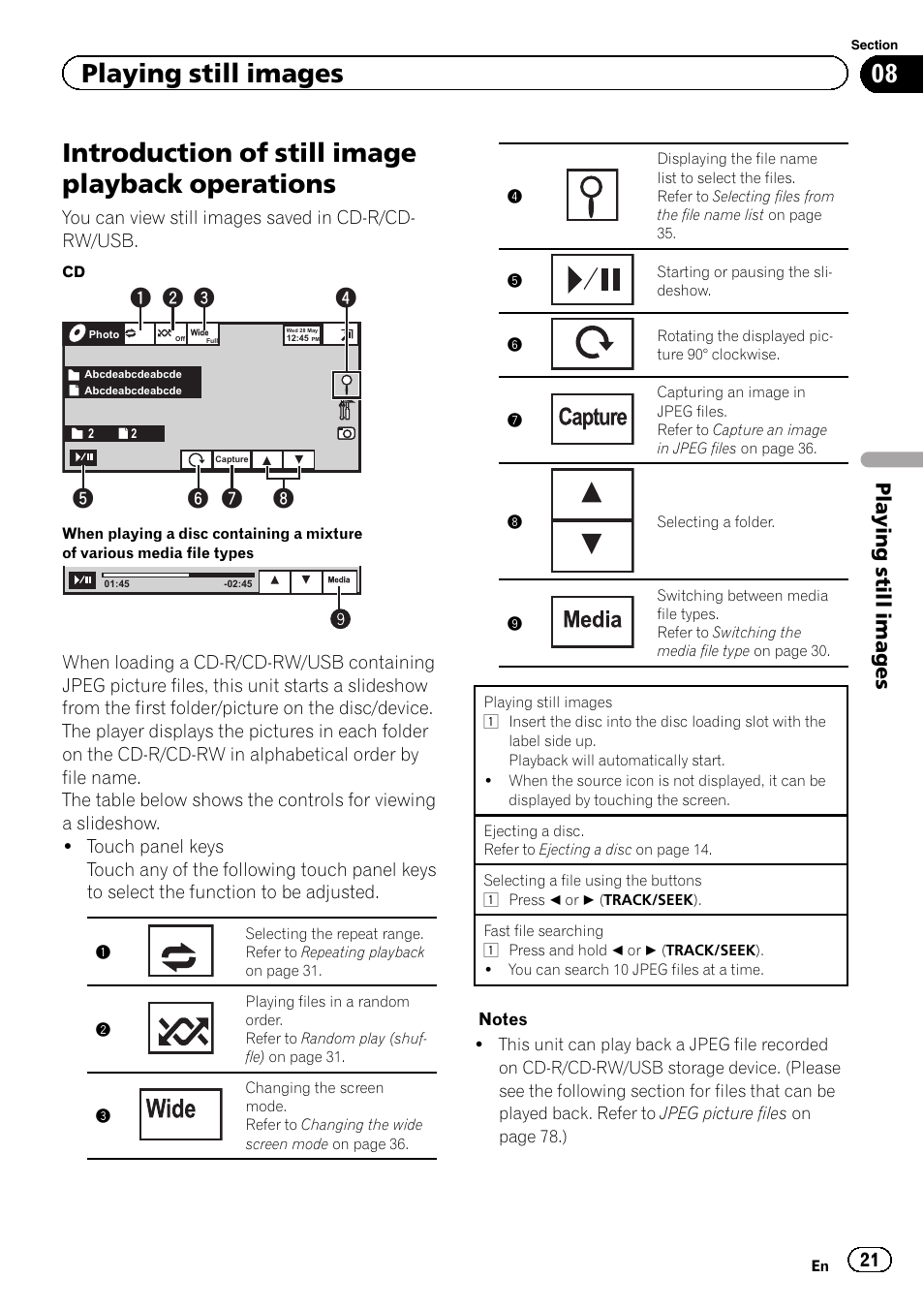 Operations, Introduction of still image playback operations, Playing still images | Pioneer AVH-P2300DVD User Manual | Page 21 / 88