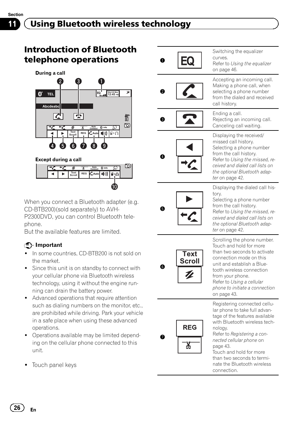 Operations, Introduction of bluetooth telephone operations, 11 using bluetooth wireless technology | Text scroll | Pioneer AVH-P2300DVD User Manual | Page 26 / 88