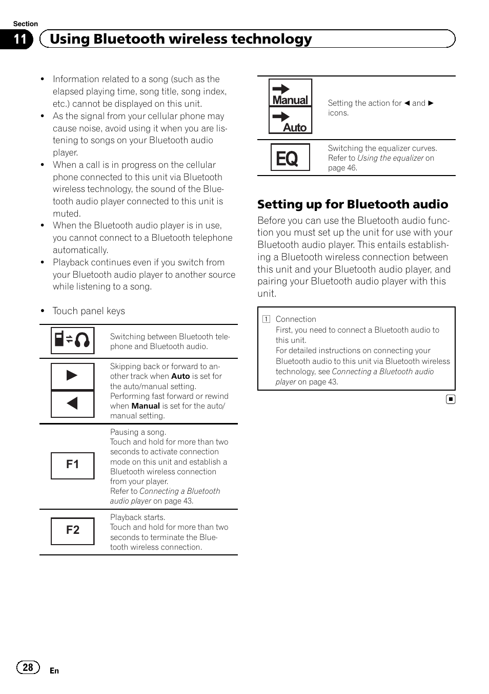 11 using bluetooth wireless technology, Setting up for bluetooth audio, Auto | Pioneer AVH-P2300DVD User Manual | Page 28 / 88