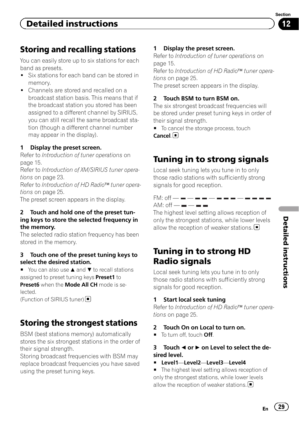 Storing the strongest stations, Tuning in to strong signals, Tuning in to strong hd radio signals | Storing and recalling stations, Detailed instructions | Pioneer AVH-P2300DVD User Manual | Page 29 / 88