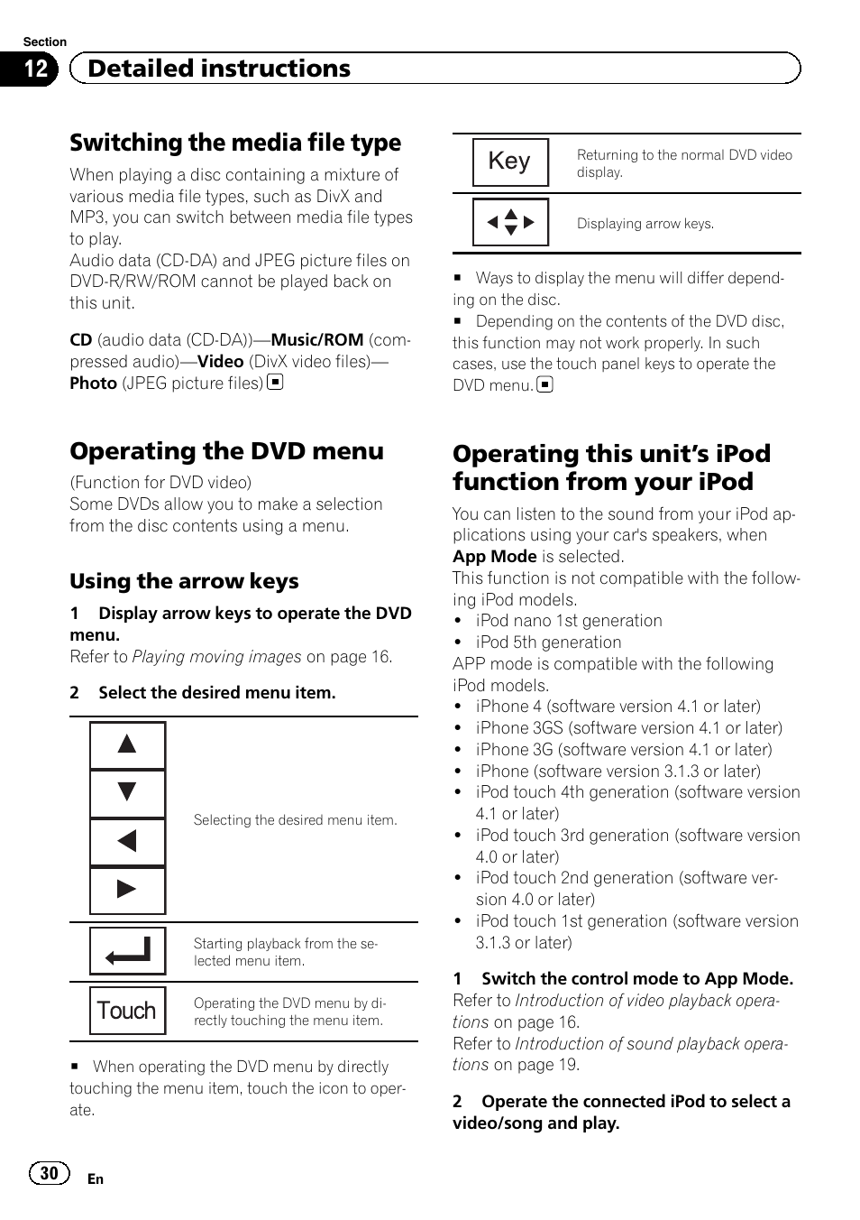 Switching the media file type, Operating the dvd menu, Operating this unit | S ipod function from your, Ipod, S ipod function from, 12 detailed instructions | Pioneer AVH-P2300DVD User Manual | Page 30 / 88