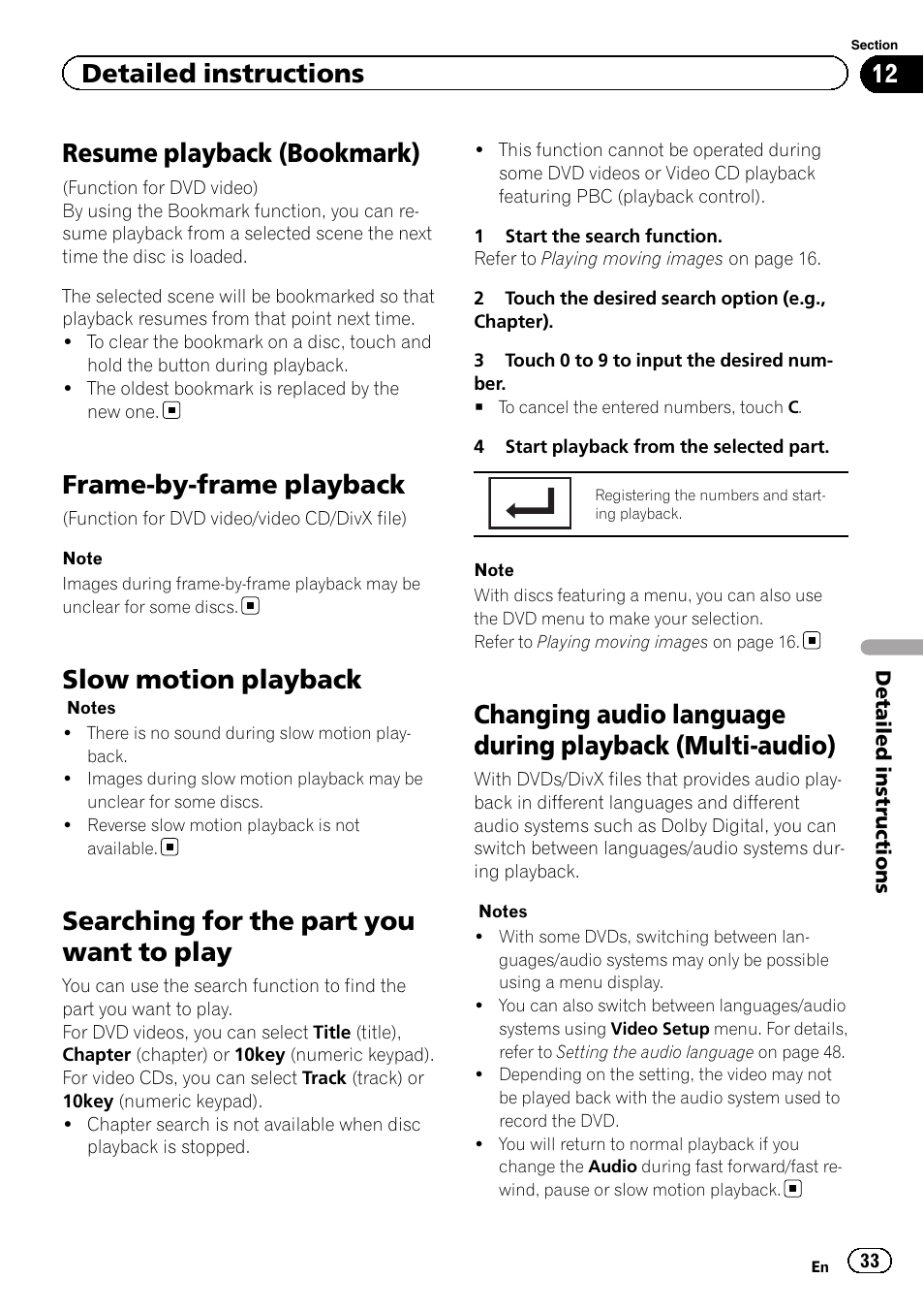 Resume playback (bookmark), Frame-by-frame playback, Slow motion playback | Searching for the part you want to play, Changing audio language during playback, Multi-audio), Detailed instructions | Pioneer AVH-P2300DVD User Manual | Page 33 / 88