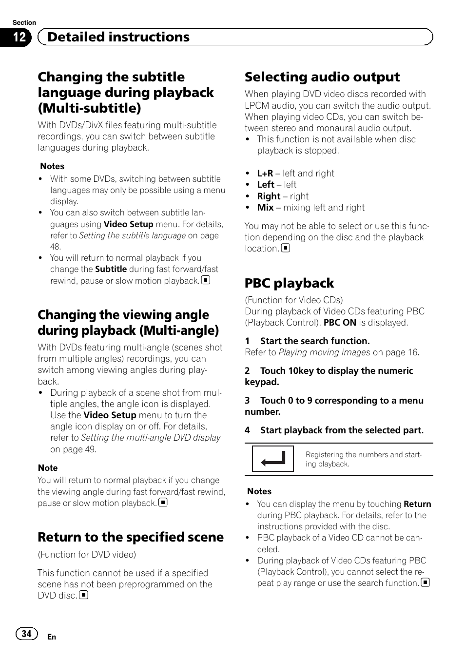 Changing the subtitle language during, Playback (multi-subtitle), Changing the viewing angle during playback | Multi-angle), Return to the specified scene, Selecting audio output, Pbc playback, 12 detailed instructions | Pioneer AVH-P2300DVD User Manual | Page 34 / 88