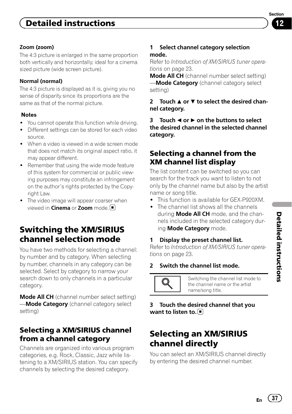 Switching the xm/sirius channel selection, Mode, Selecting an xm/sirius channel directly | Switching the xm/sirius channel selection mode, Detailed instructions | Pioneer AVH-P2300DVD User Manual | Page 37 / 88