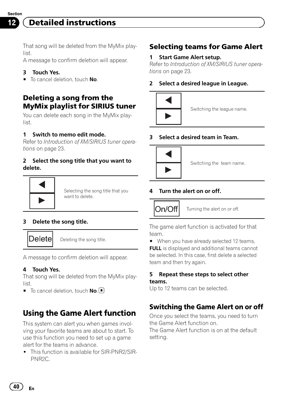 Using the game alert function, 12 detailed instructions, Selecting teams for game alert | Switching the game alert on or off | Pioneer AVH-P2300DVD User Manual | Page 40 / 88