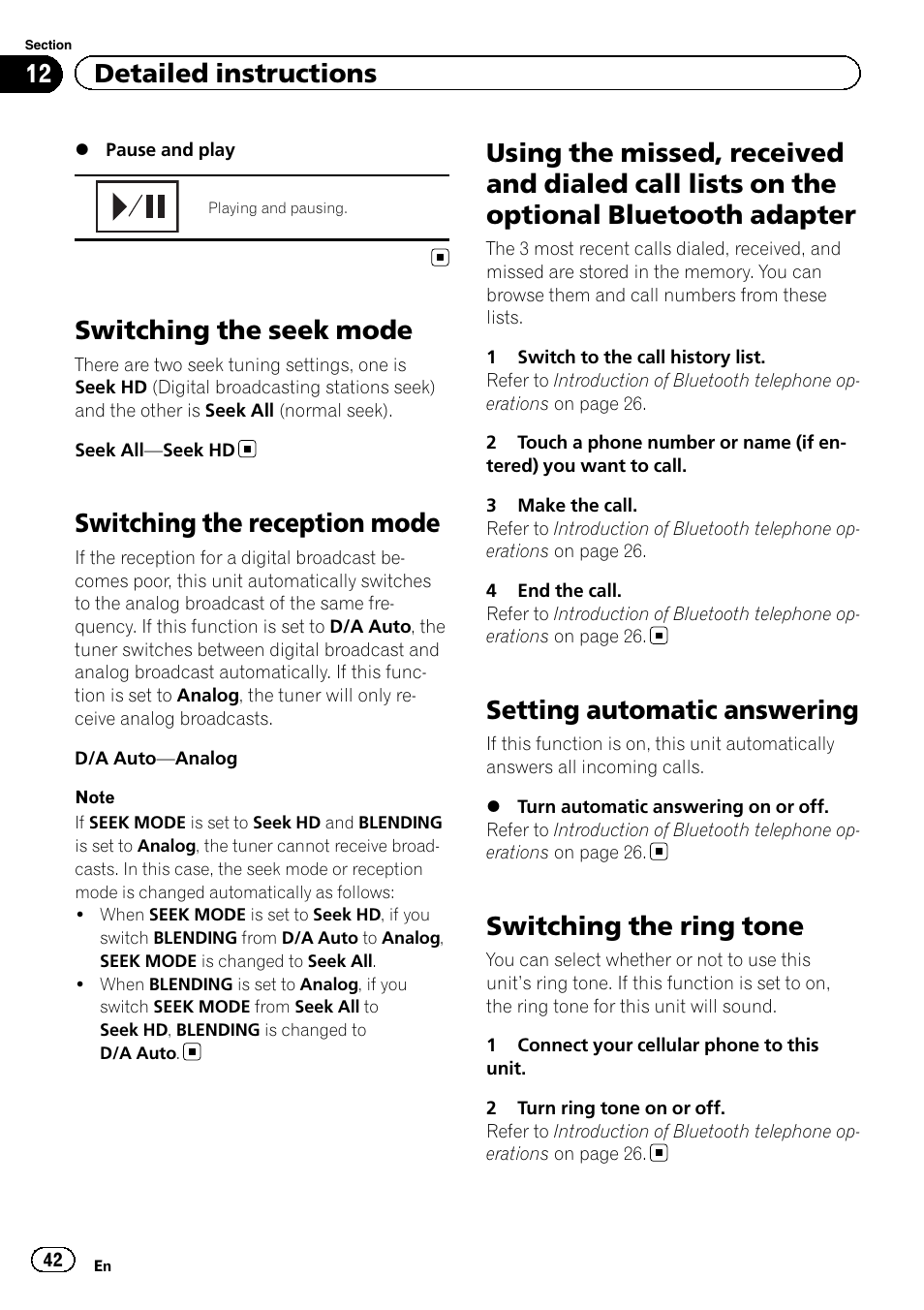 Switching the seek mode, Switching the reception mode, Using the missed, received and dialed call | Lists on the optional bluetooth adapter, Setting automatic answering, Switching the ring tone, 12 detailed instructions | Pioneer AVH-P2300DVD User Manual | Page 42 / 88