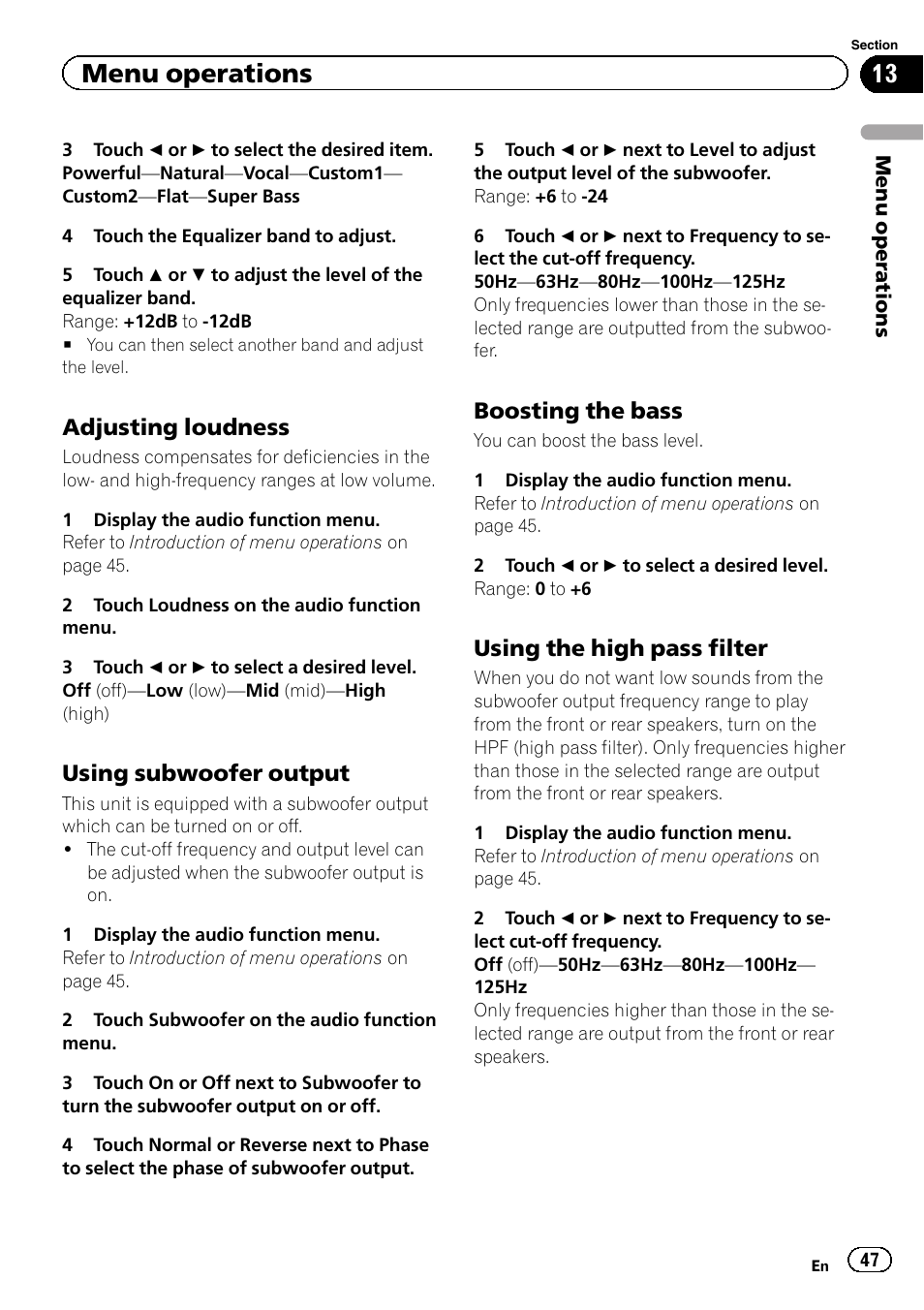 Menu operations, Adjusting loudness, Using subwoofer output | Boosting the bass, Using the high pass filter | Pioneer AVH-P2300DVD User Manual | Page 47 / 88