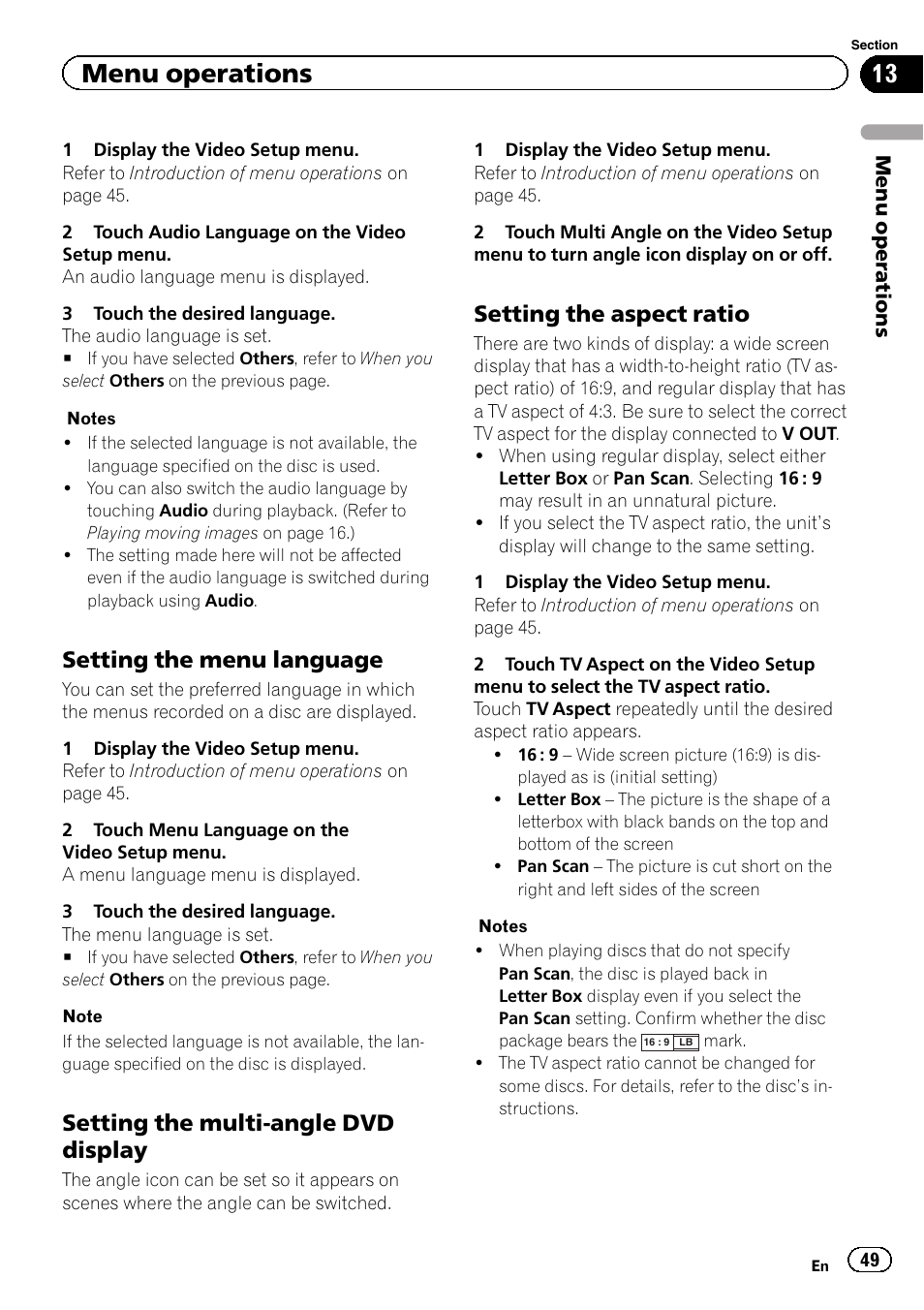 Menu operations, Setting the menu language, Setting the multi-angle dvd display | Setting the aspect ratio | Pioneer AVH-P2300DVD User Manual | Page 49 / 88