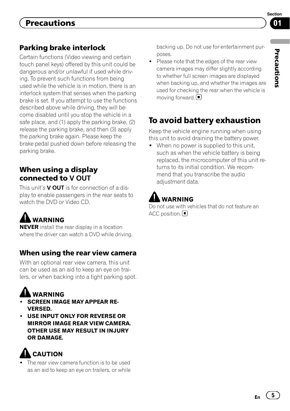 To avoid battery exhaustion, Precautions | Pioneer AVH-P2300DVD User Manual | Page 5 / 88