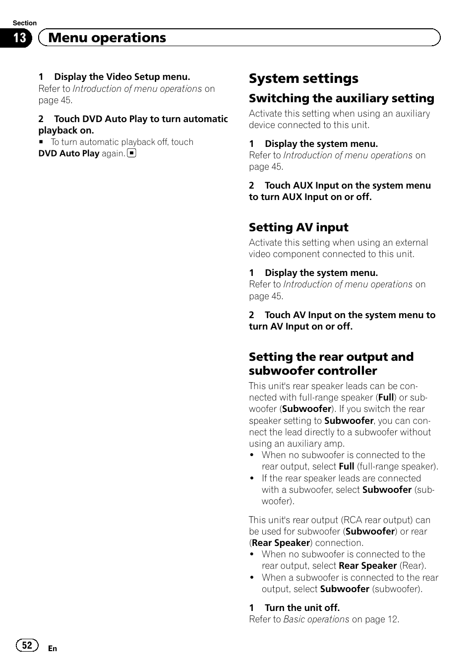 System settings, 13 menu operations, Switching the auxiliary setting | Setting av input, Setting the rear output and subwoofer controller | Pioneer AVH-P2300DVD User Manual | Page 52 / 88