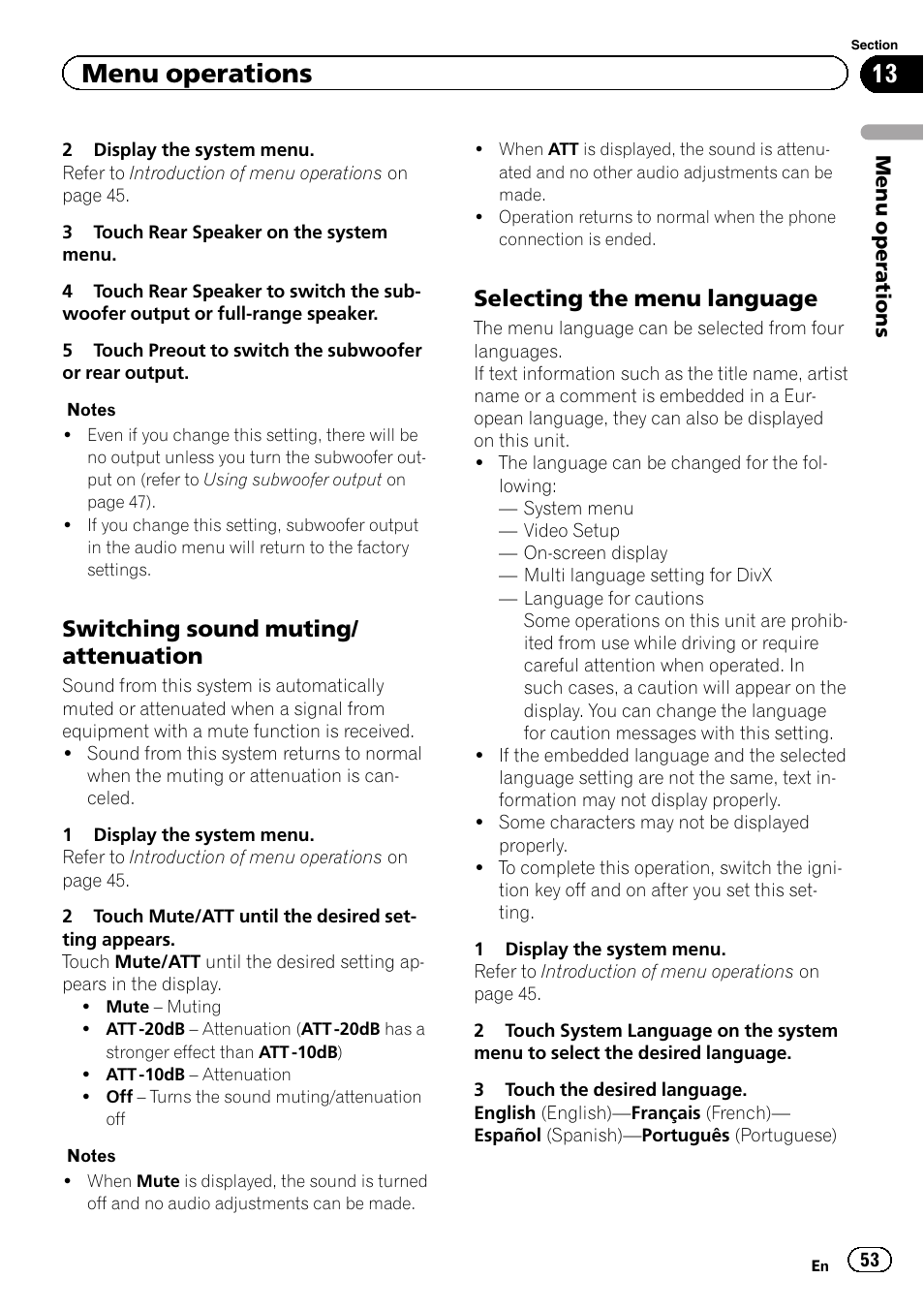 Menu operations, Switching sound muting/ attenuation, Selecting the menu language | Pioneer AVH-P2300DVD User Manual | Page 53 / 88