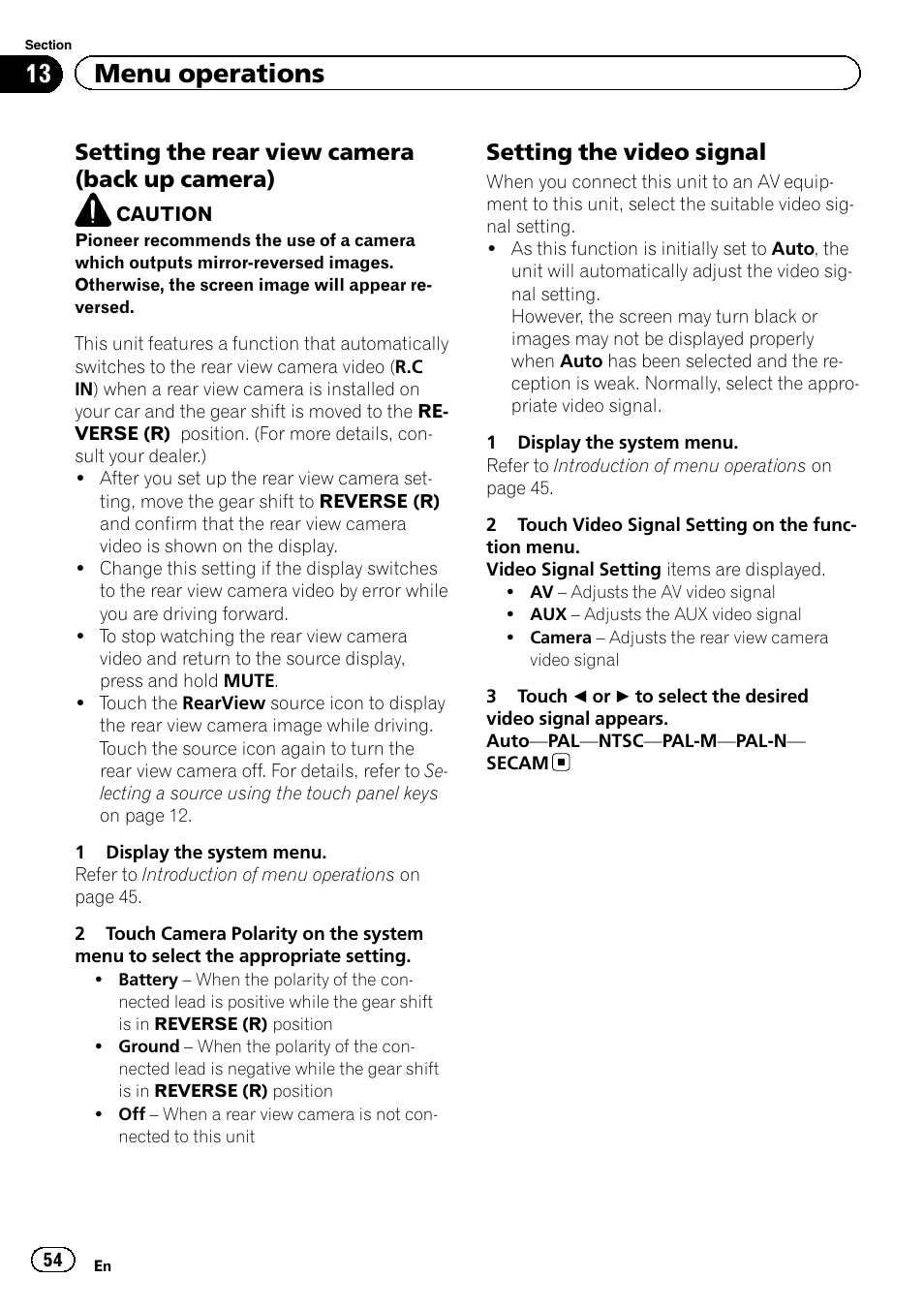 13 menu operations, Setting the rear view camera (back up camera), Setting the video signal | Pioneer AVH-P2300DVD User Manual | Page 54 / 88