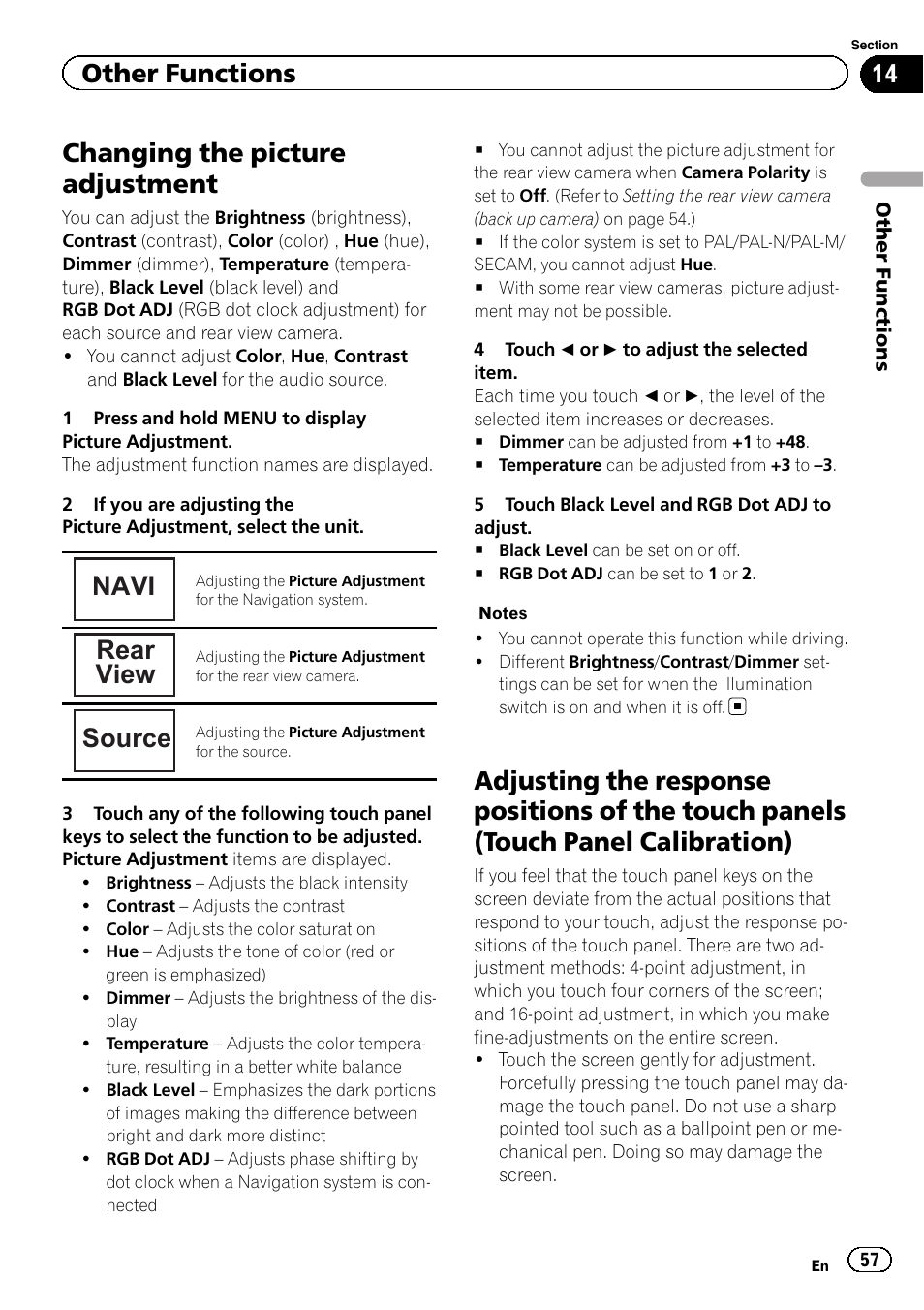 Other functions changing the picture adjustment, Adjusting the response positions of the, Touch panels (touch panel calibration) | Changing the picture adjustment, Navi, Rear view, Source, Other functions | Pioneer AVH-P2300DVD User Manual | Page 57 / 88