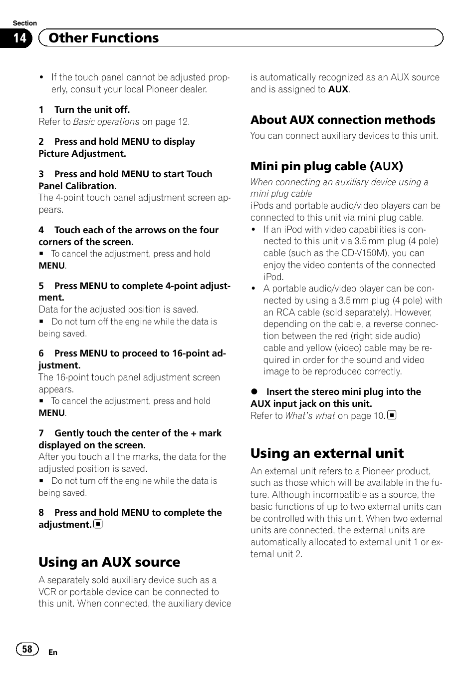 Using an aux source, Using an external unit, 14 other functions | About aux connection methods, Mini pin plug cable (aux) | Pioneer AVH-P2300DVD User Manual | Page 58 / 88