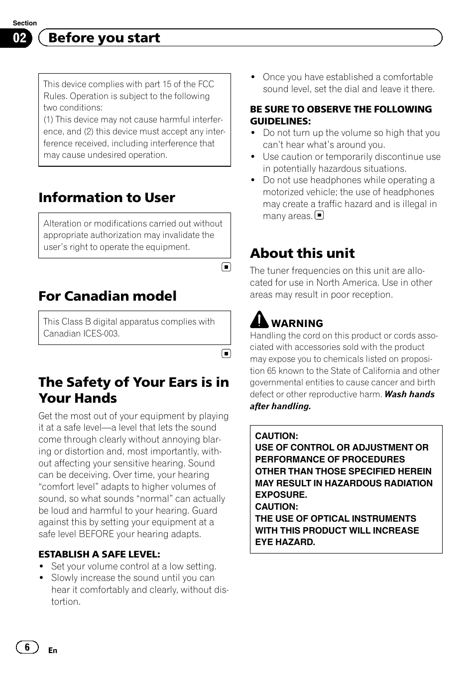 Before you start information to user, For canadian model, The safety of your ears is in your hands | About this unit, Information to user, 02 before you start | Pioneer AVH-P2300DVD User Manual | Page 6 / 88