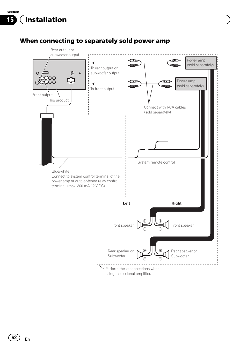 15 installation, When connecting to separately sold power amp | Pioneer AVH-P2300DVD User Manual | Page 62 / 88