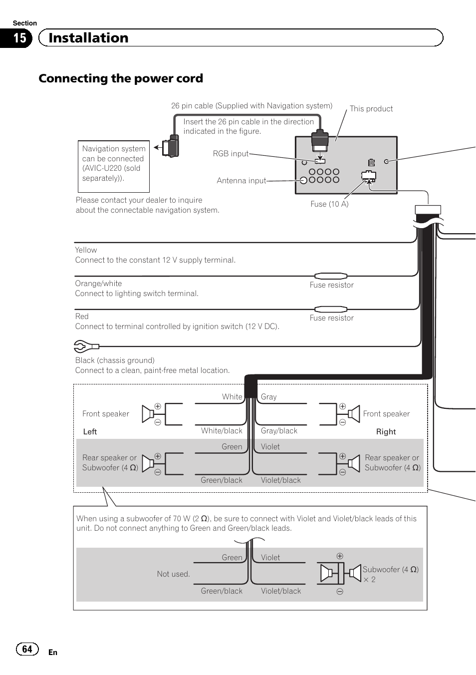 15 installation, Connecting the power cord | Pioneer AVH-P2300DVD User Manual | Page 64 / 88