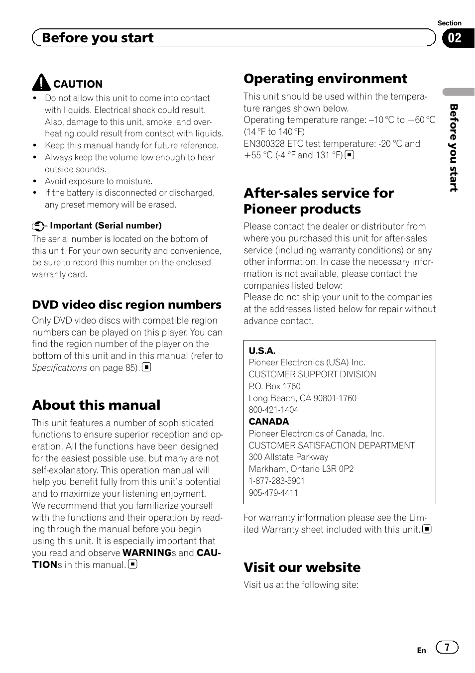 Dvd video disc region numbers 7, About this manual, Operating environment | After-sales service for pioneer products, Visit our website, Before you start | Pioneer AVH-P2300DVD User Manual | Page 7 / 88