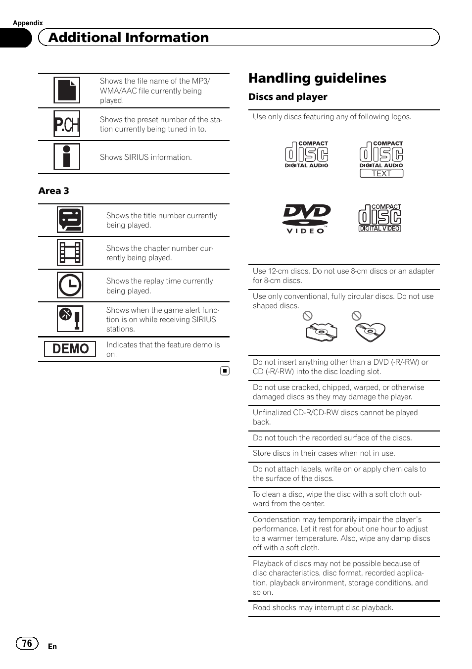 Handling guidelines 76, Handling guidelines, Additional information | Pioneer AVH-P2300DVD User Manual | Page 76 / 88