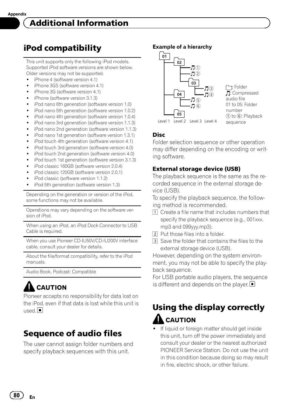 Ipod compatibility, Sequence of audio files, Using the display correctly | Additional information | Pioneer AVH-P2300DVD User Manual | Page 80 / 88