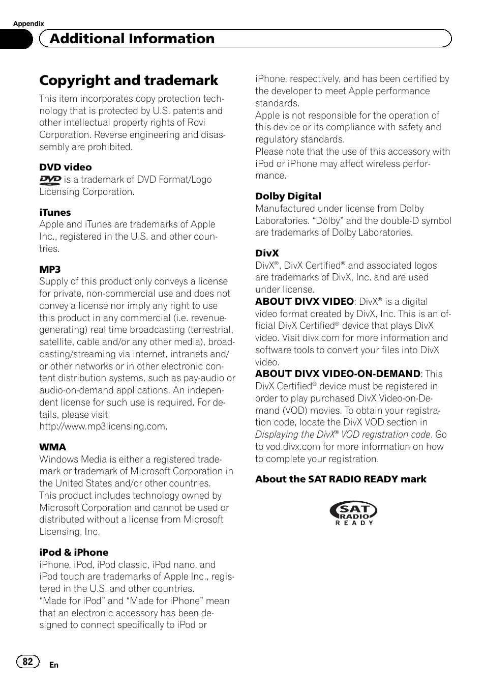 Copyright and trademark, Additional information | Pioneer AVH-P2300DVD User Manual | Page 82 / 88