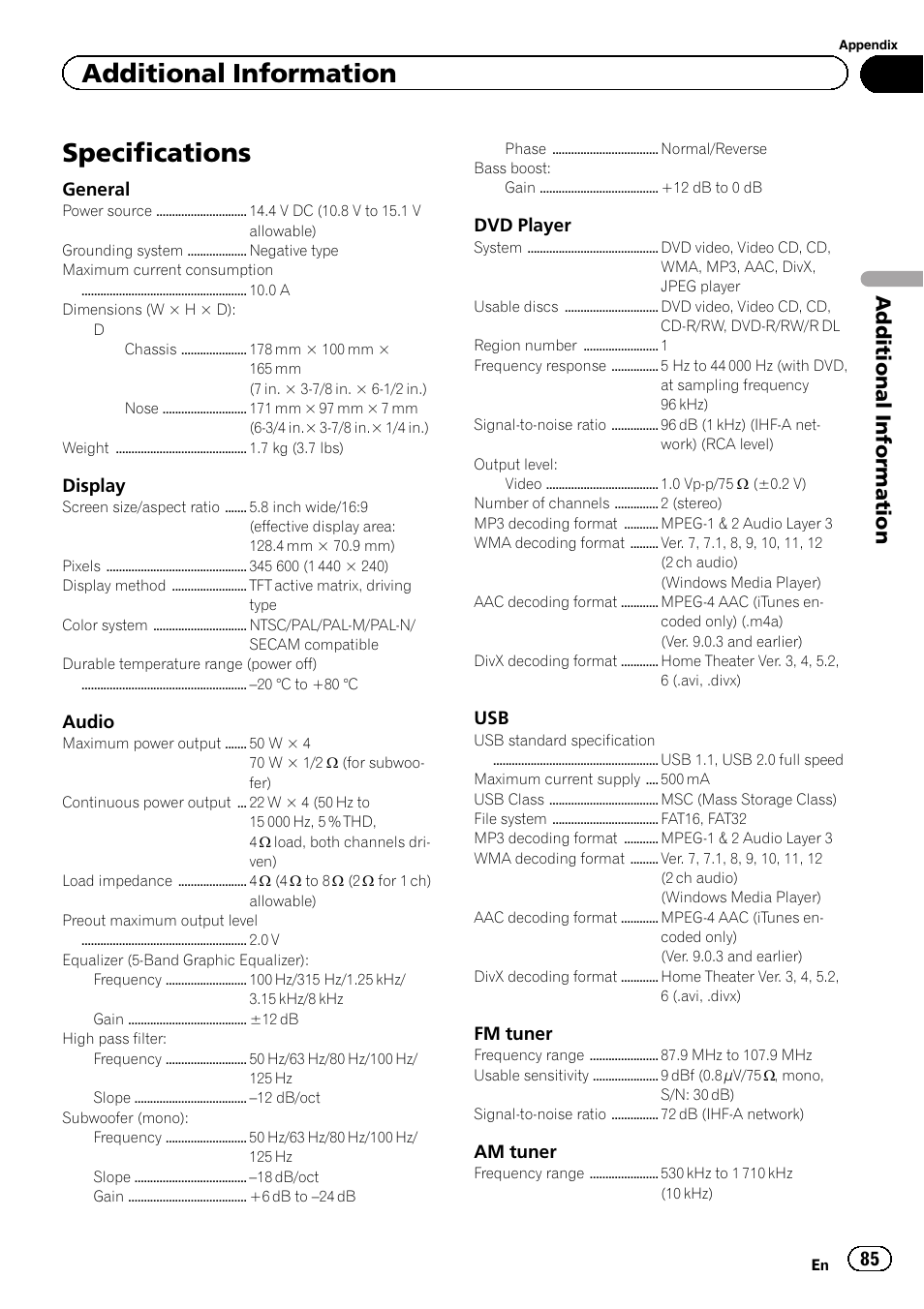 Specifications, Additional information | Pioneer AVH-P2300DVD User Manual | Page 85 / 88