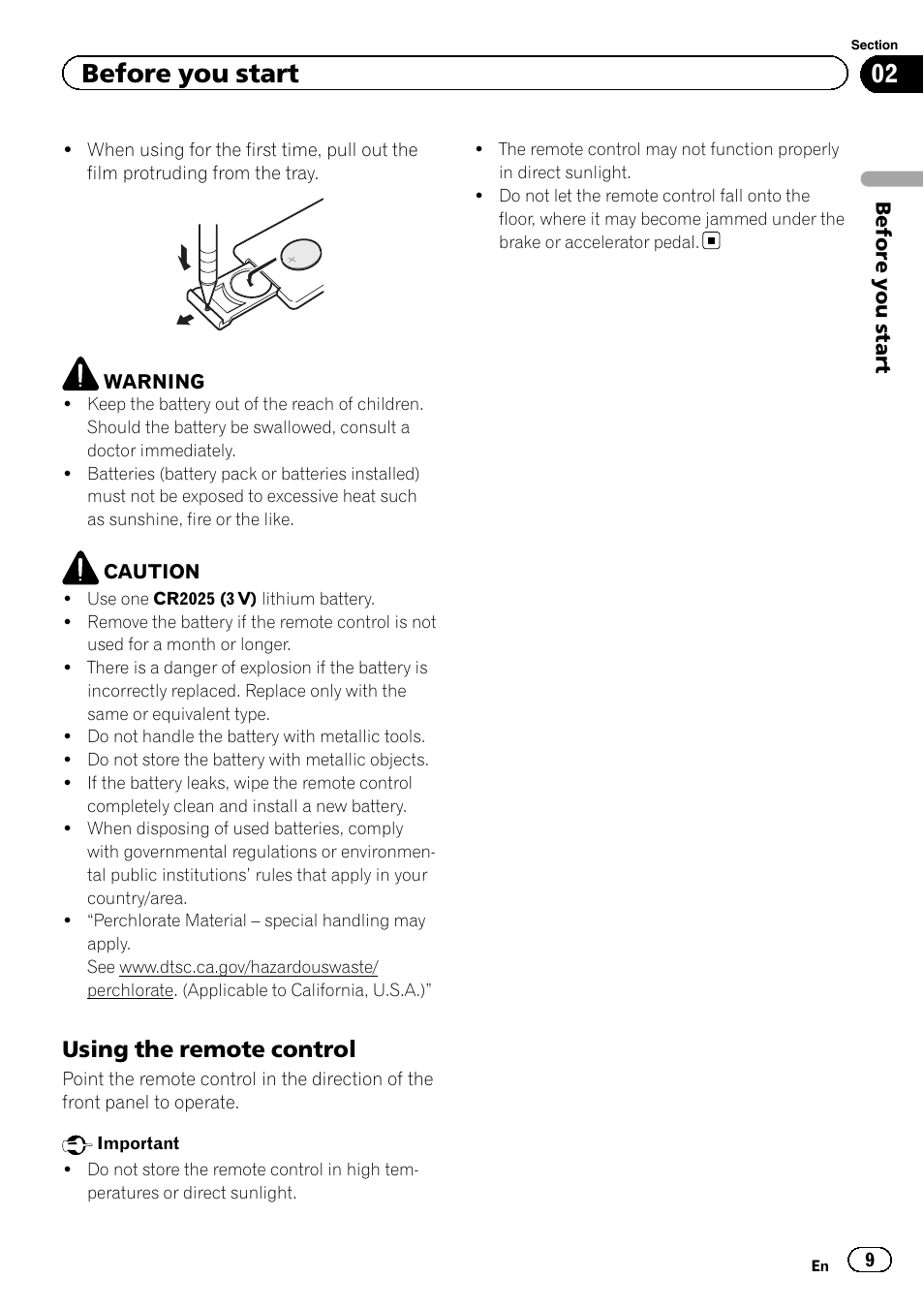 Before you start, Using the remote control | Pioneer AVH-P2300DVD User Manual | Page 9 / 88