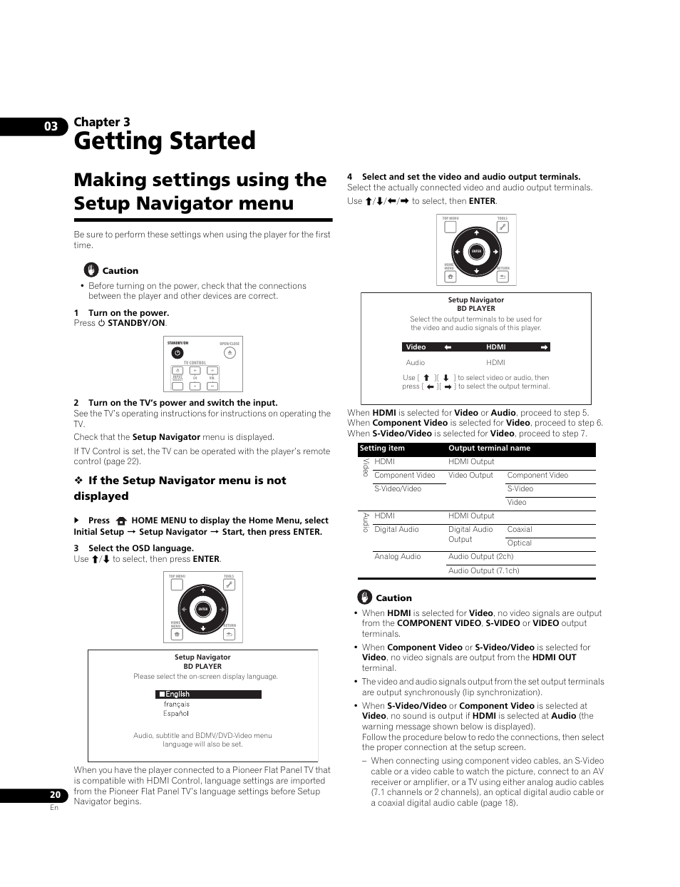 Making settings using the setup navigator menu, Getting started, Chapter 3 | If the setup navigator menu is not displayed | Pioneer BONUS VIEW BDP-51FD User Manual | Page 20 / 72