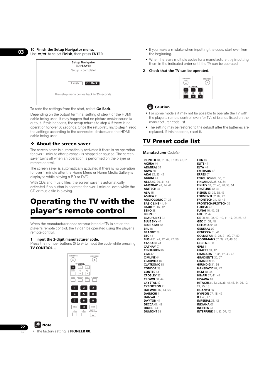 Operating the tv with the player’s remote control, Tv preset code list, About the screen saver | Pioneer BONUS VIEW BDP-51FD User Manual | Page 22 / 72