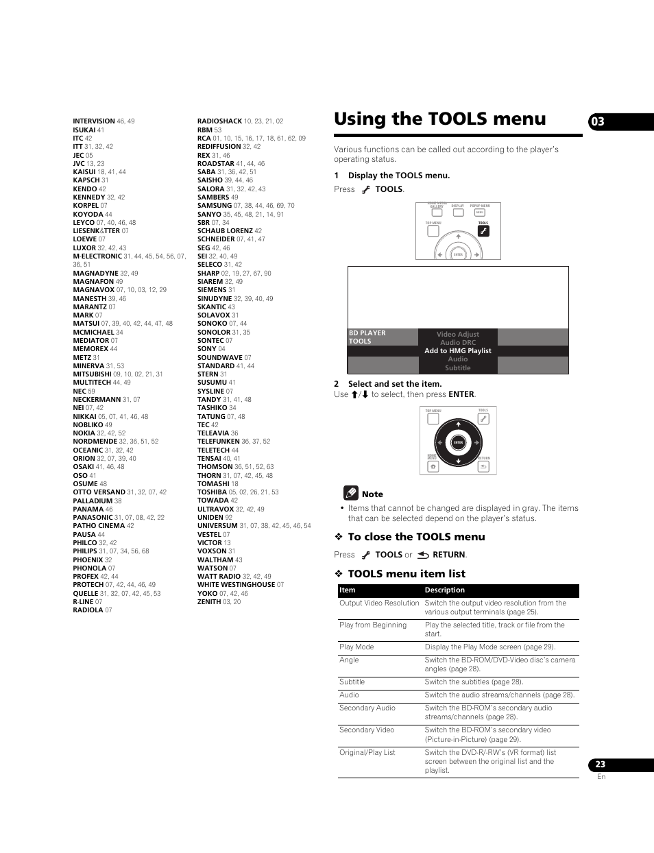 Using the tools menu, Tools menu item list | Pioneer BONUS VIEW BDP-51FD User Manual | Page 23 / 72