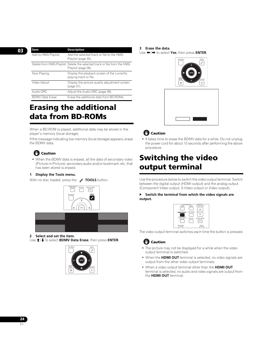 Erasing the additional data from bd-roms, Switching the video output terminal | Pioneer BONUS VIEW BDP-51FD User Manual | Page 24 / 72