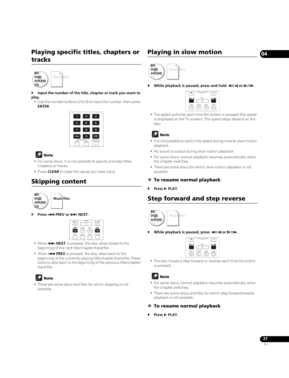 Playing specific titles, chapters or tracks, Skipping content, Playing in slow motion | Step forward and step reverse | Pioneer BONUS VIEW BDP-51FD User Manual | Page 27 / 72