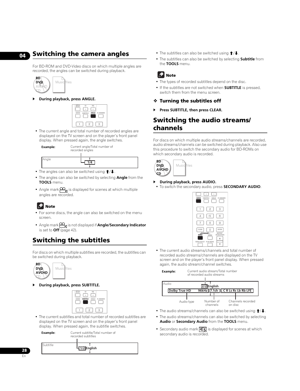 Switching the camera angles, Switching the subtitles, Switching the audio streams/ channels | Turning the subtitles off | Pioneer BONUS VIEW BDP-51FD User Manual | Page 28 / 72