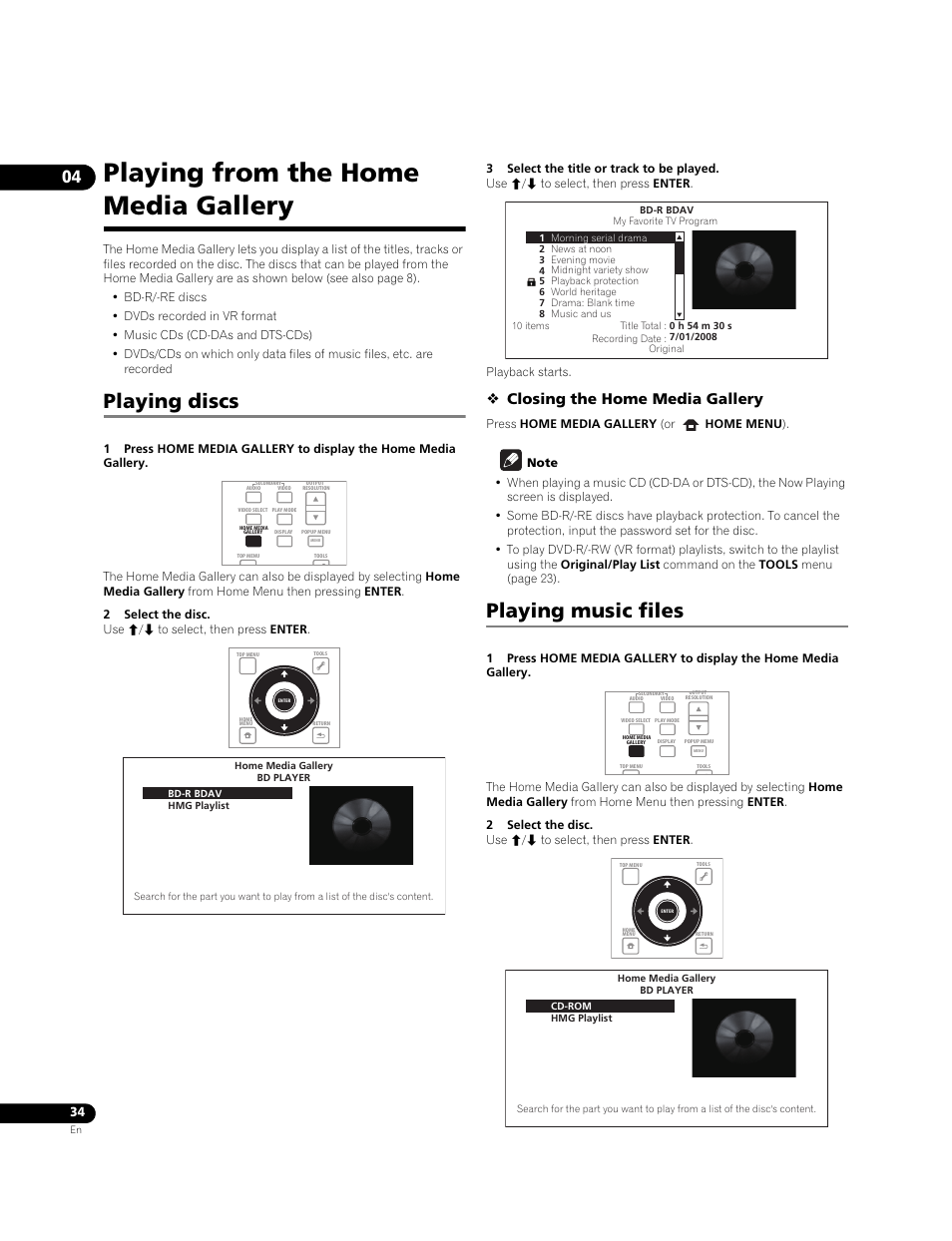 Playing from the home media gallery, Playing discs playing music files, Playing discs | Playing music files, Closing the home media gallery | Pioneer BONUS VIEW BDP-51FD User Manual | Page 34 / 72