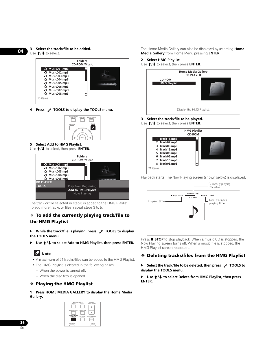 Playing the hmg playlist, Deleting tracks/files from the hmg playlist | Pioneer BONUS VIEW BDP-51FD User Manual | Page 36 / 72