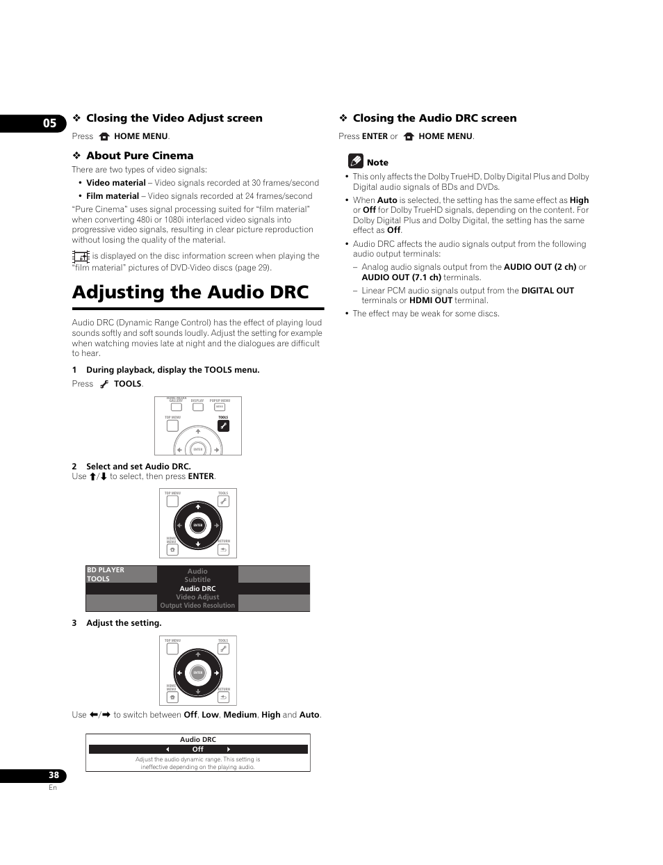 Adjusting the audio drc, Closing the video adjust screen, About pure cinema | Closing the audio drc screen | Pioneer BONUS VIEW BDP-51FD User Manual | Page 38 / 72