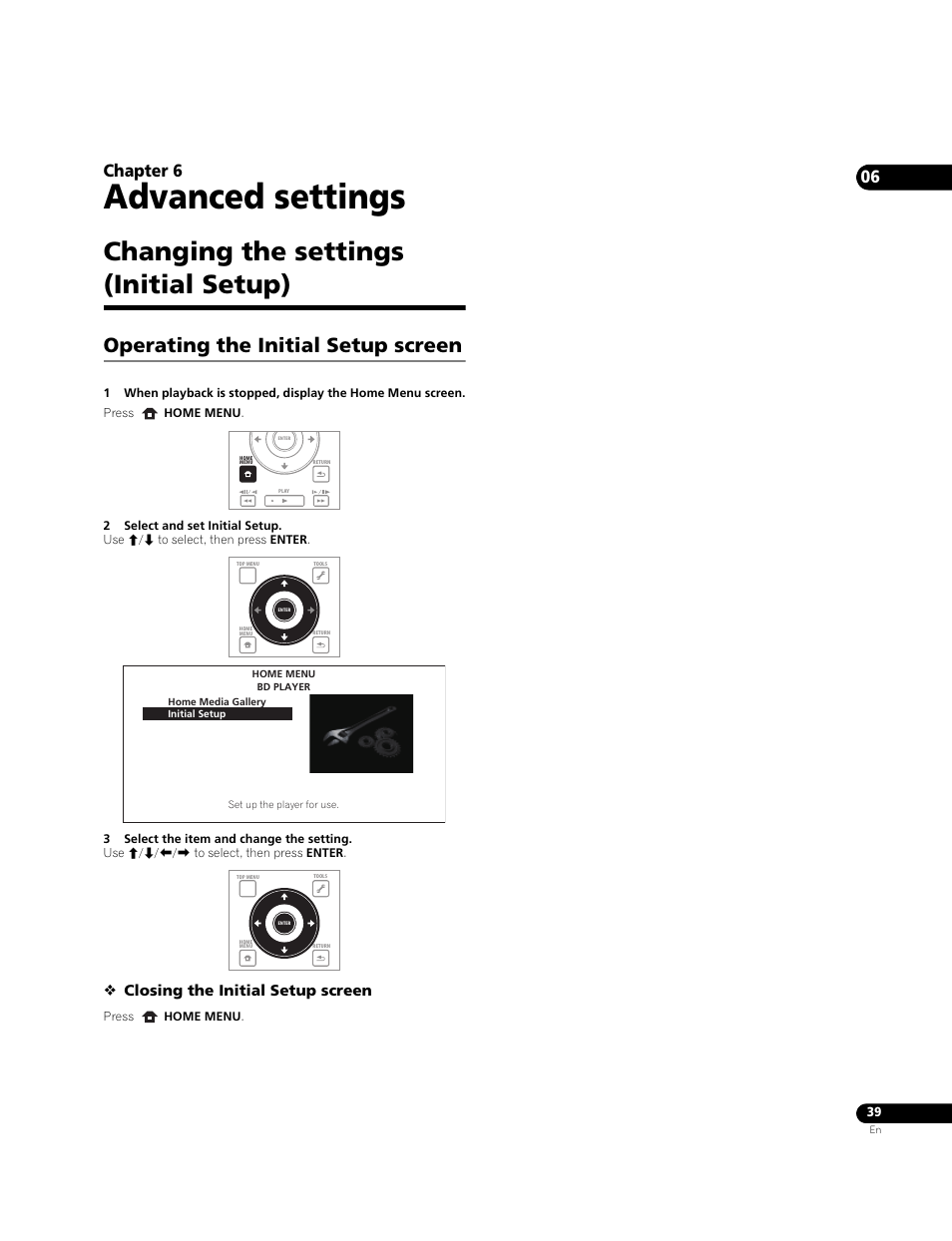 Changing the settings (initial setup), Operating the initial setup screen, Advanced settings | Chapter 6, Closing the initial setup screen | Pioneer BONUS VIEW BDP-51FD User Manual | Page 39 / 72
