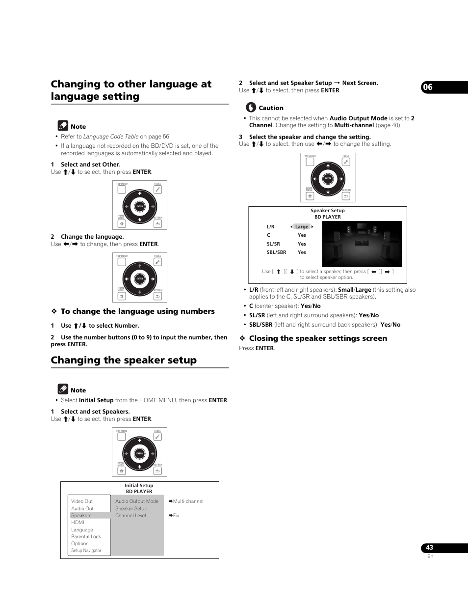 Changing to other language at language setting, Changing the speaker setup, Closing the speaker settings screen | Pioneer BONUS VIEW BDP-51FD User Manual | Page 43 / 72