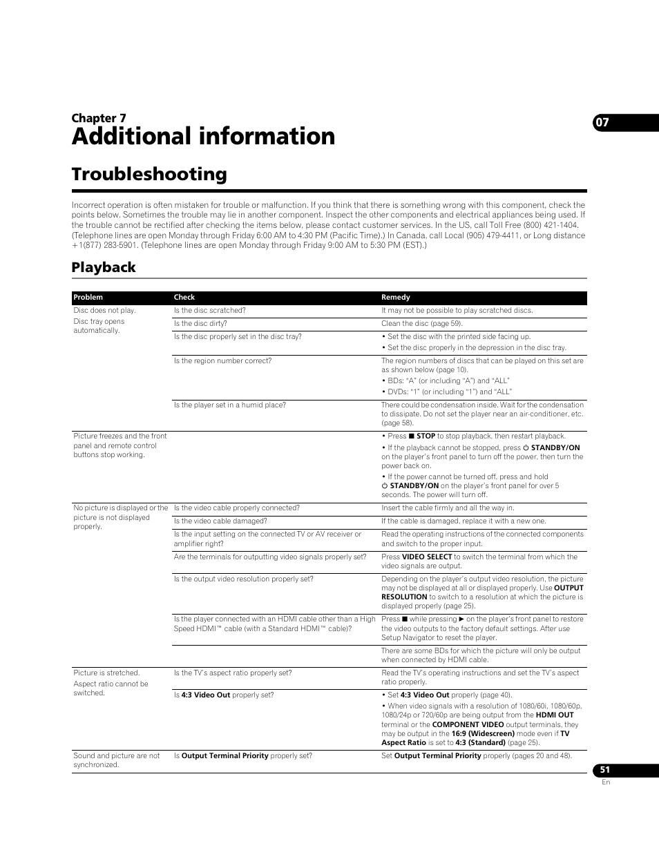 Troubleshooting, Playback, Additional information | Chapter 7 | Pioneer BONUS VIEW BDP-51FD User Manual | Page 51 / 72