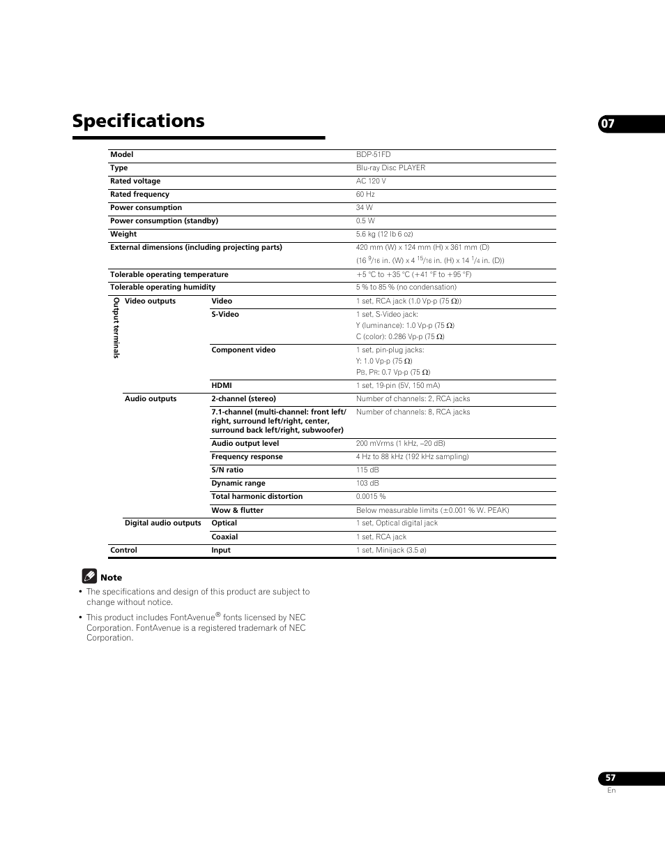 Specifications | Pioneer BONUS VIEW BDP-51FD User Manual | Page 57 / 72