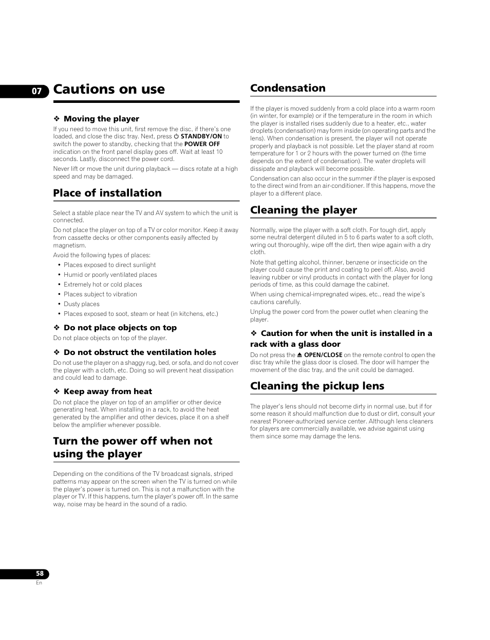 Cautions on use, Place of installation, Turn the power off when not using the player | Condensation, Cleaning the player, Cleaning the pickup lens | Pioneer BONUS VIEW BDP-51FD User Manual | Page 58 / 72